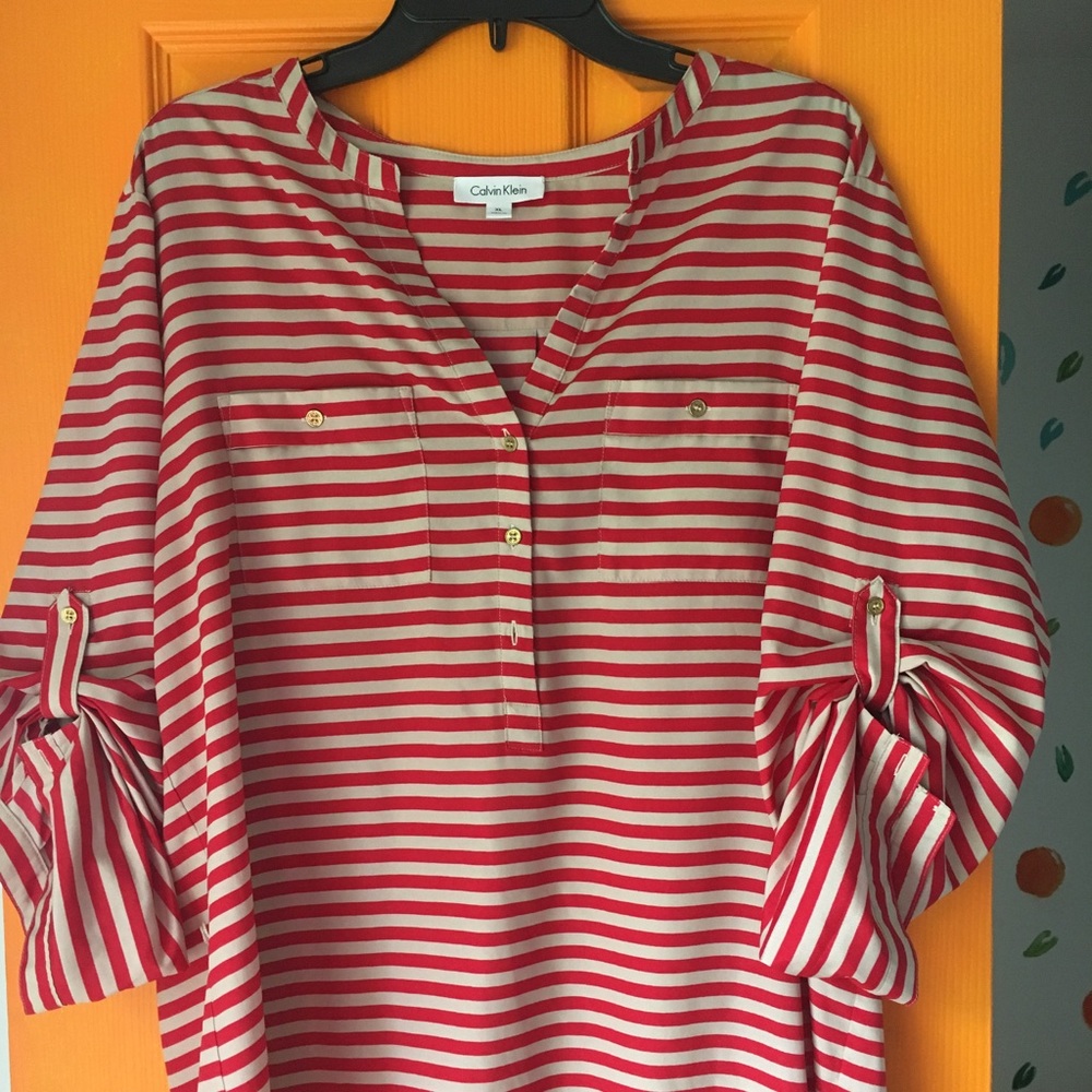 EUC XL Calvin Klein Red and Tan striped Tunic