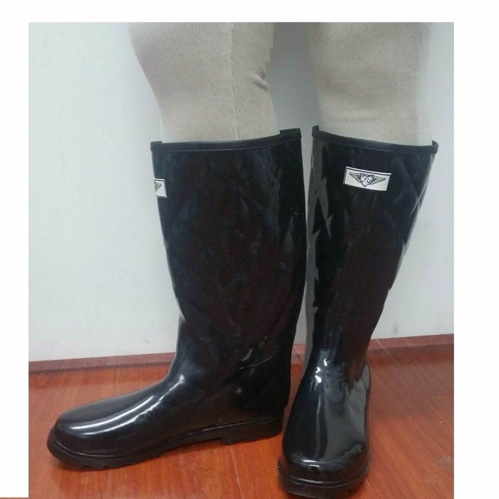 Women's Rainboots, Tall Quilted Rubber Rain Boots, #1411, Black - Picture 2 of 4
