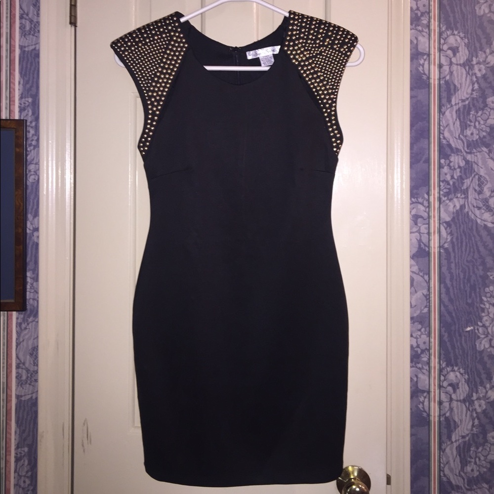 Sans Souci LBD w gold stud shoulder slitted design