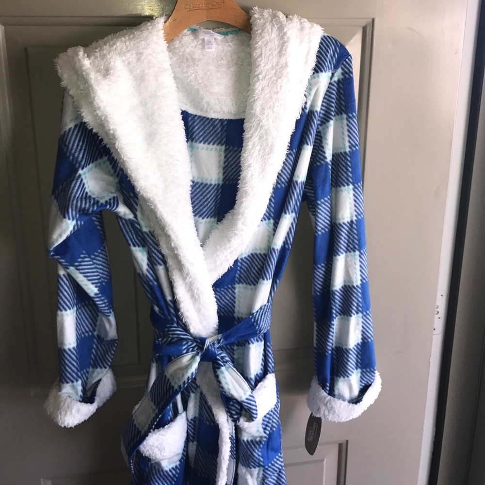 Blue and white plaid robe