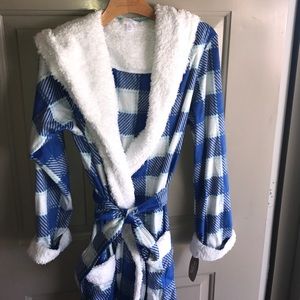 Blue and white plaid robe