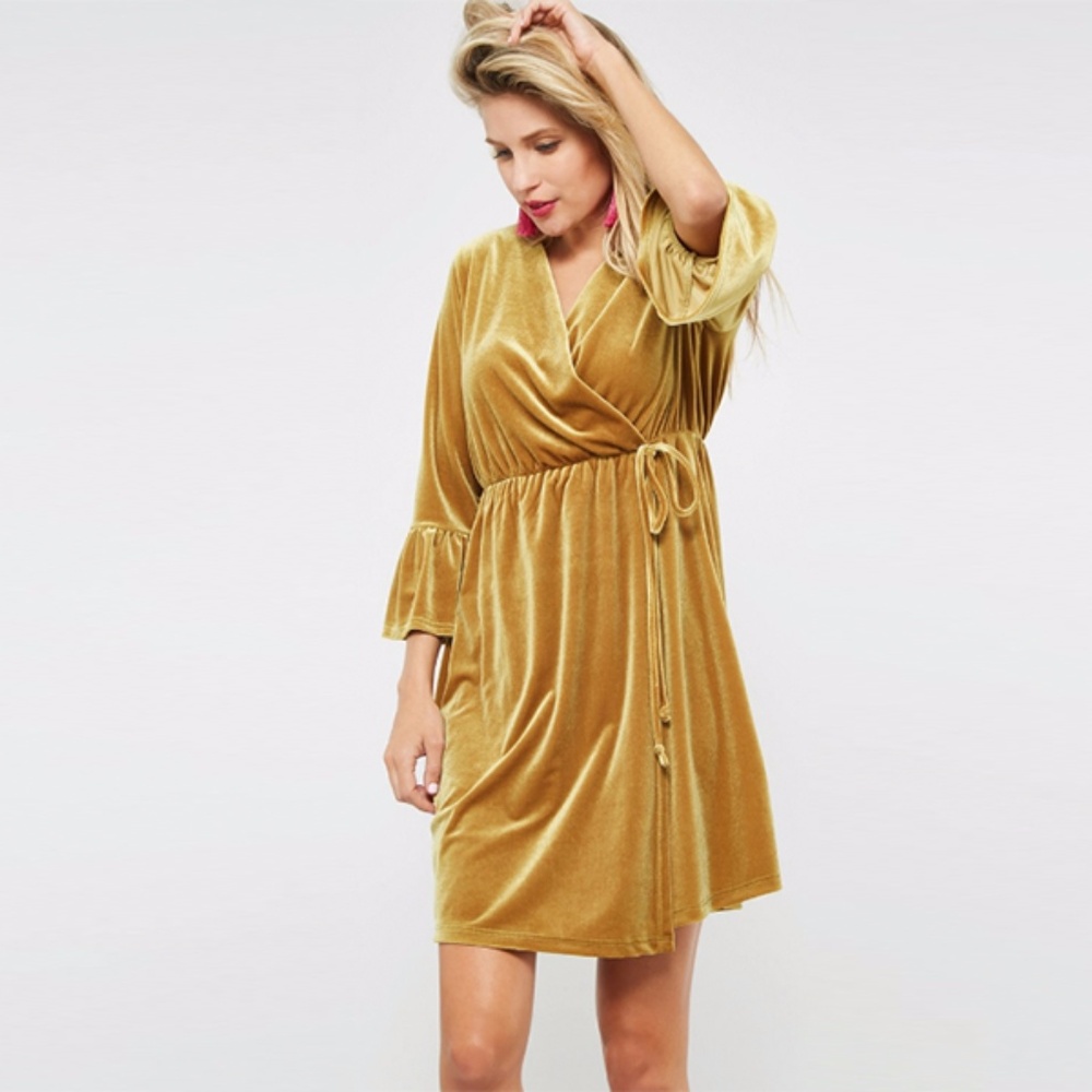 Coming soon. Velvet mini wrap dress - Mustard
