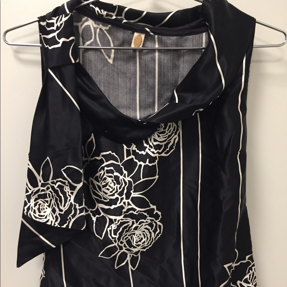 Black and White Floral Striped Silk Top