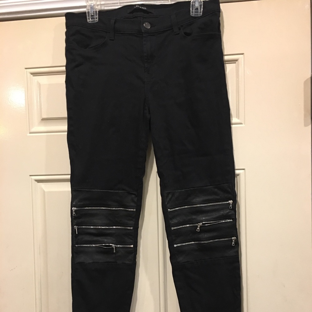 J Brand black and leather zipper denim jeans.