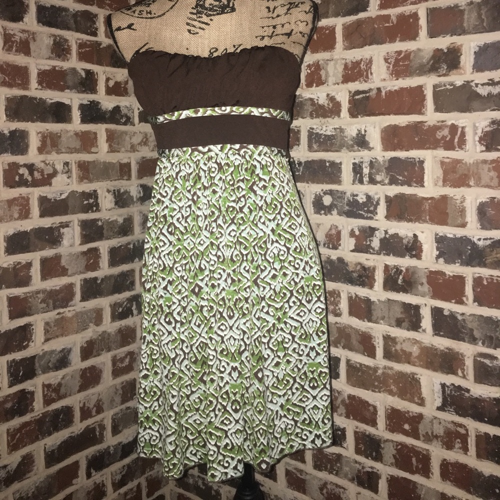 (S) Green & Brown Small Strapless Dress