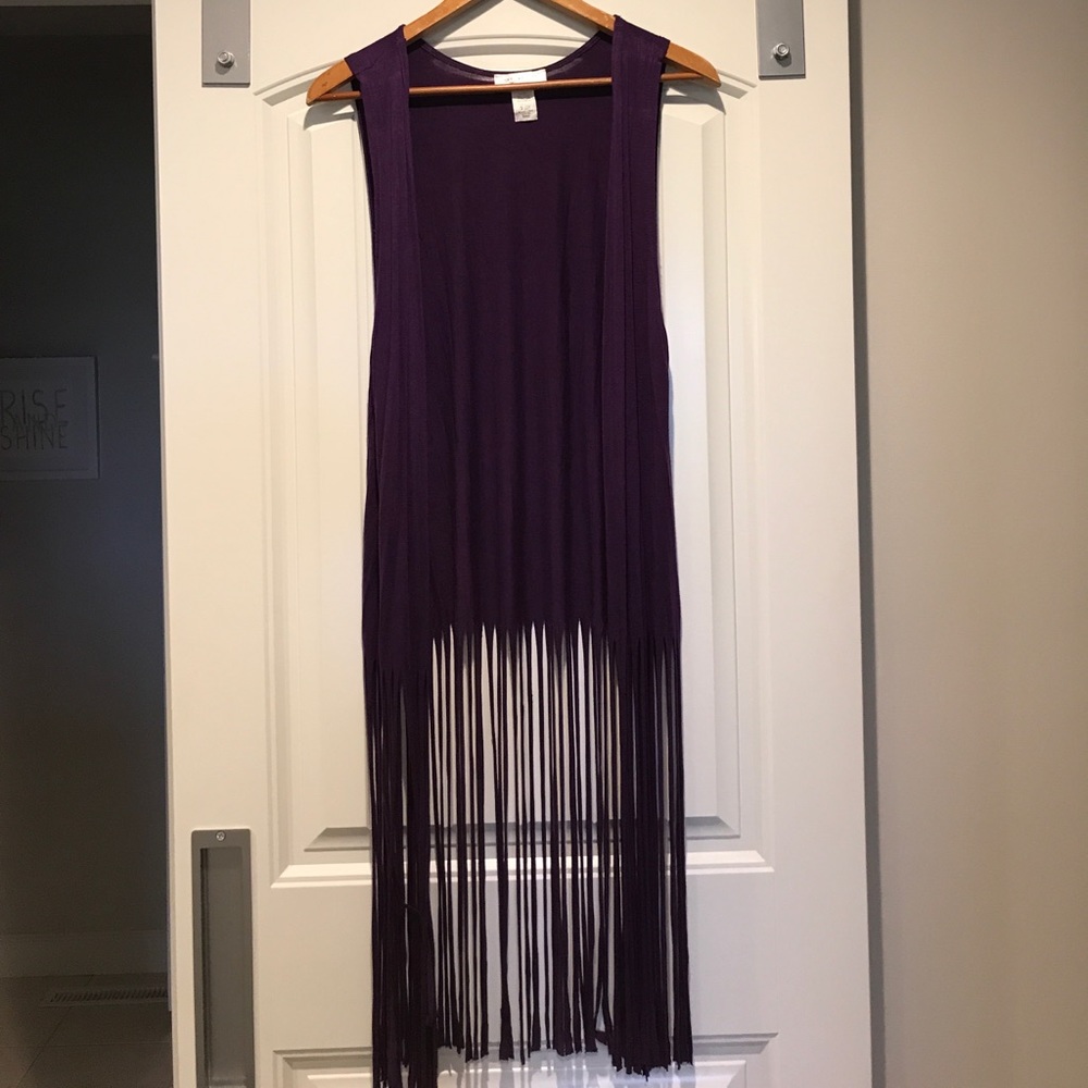 Long, dark purple fringe cardigan vest. Size small