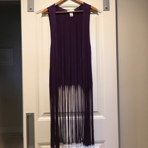 Long, dark purple fringe cardigan vest. Size small