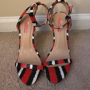 Black/Red/White strappy faux snake skin sandals