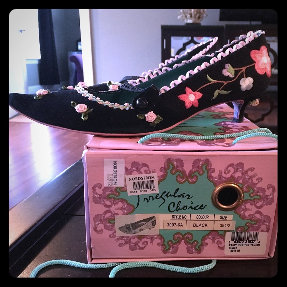 Irregular Choice black rose floral kitten heel EUC