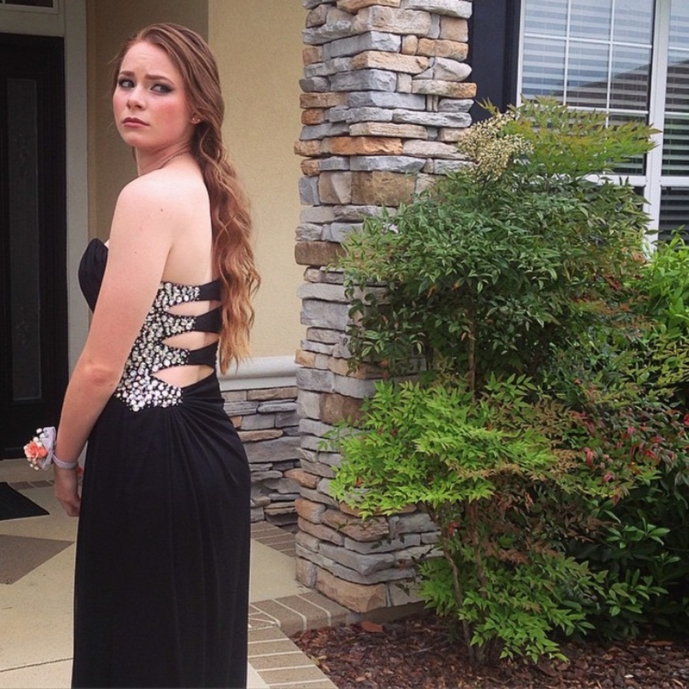 Black Beaded Dramatic Back Prom Dress