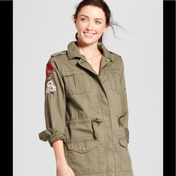 A New Day Jackets & Blazers - Floral Sleeve Utility Jacket-Olive