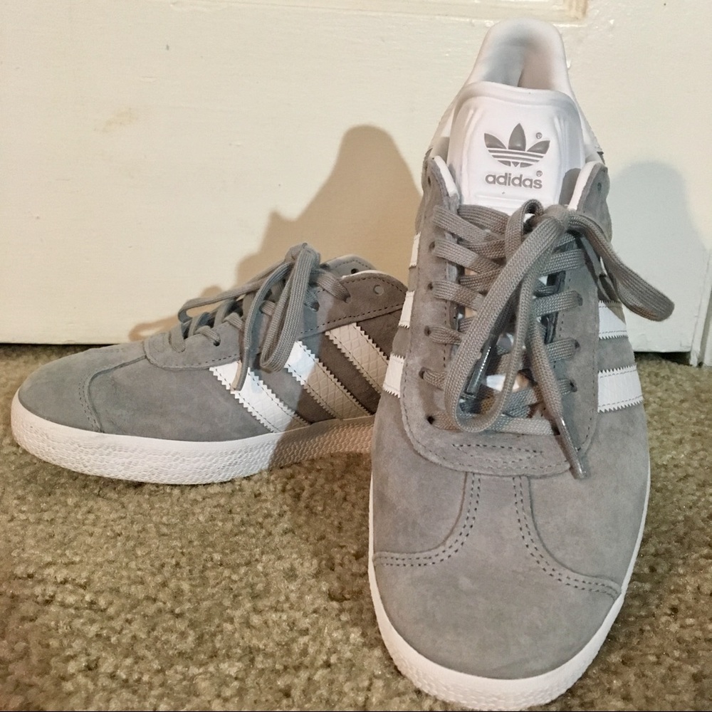 grey suede Adidas gazelles