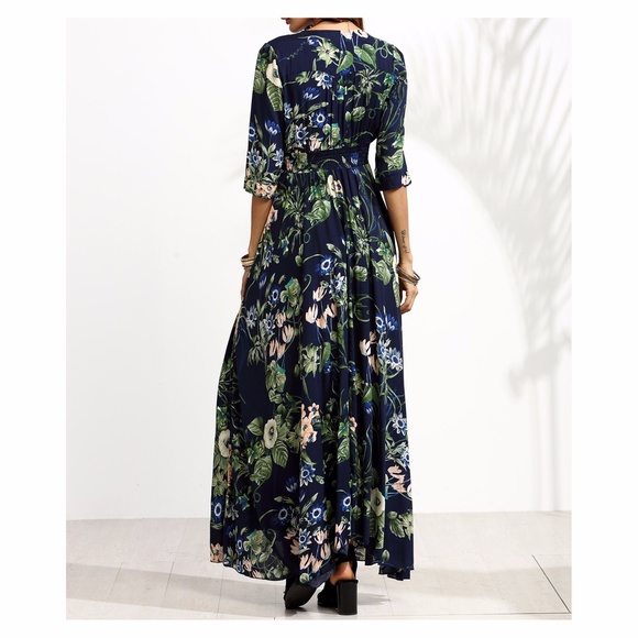 Blue V Neck Floral 3/4 Sleeve Maxi Dress - Picture 2 of 4