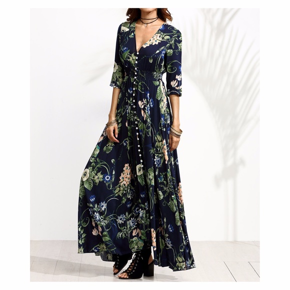 Blue V Neck Floral 3/4 Sleeve Maxi Dress - Picture 4 of 4