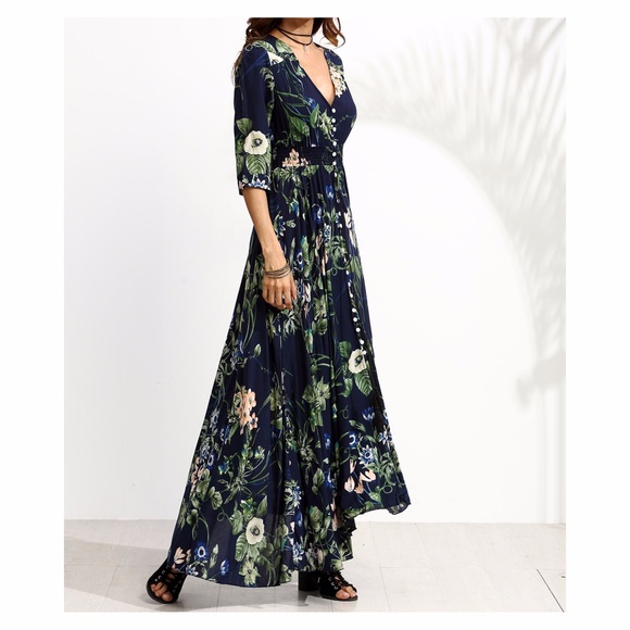 Blue V Neck Floral 3/4 Sleeve Maxi Dress - Picture 3 of 4
