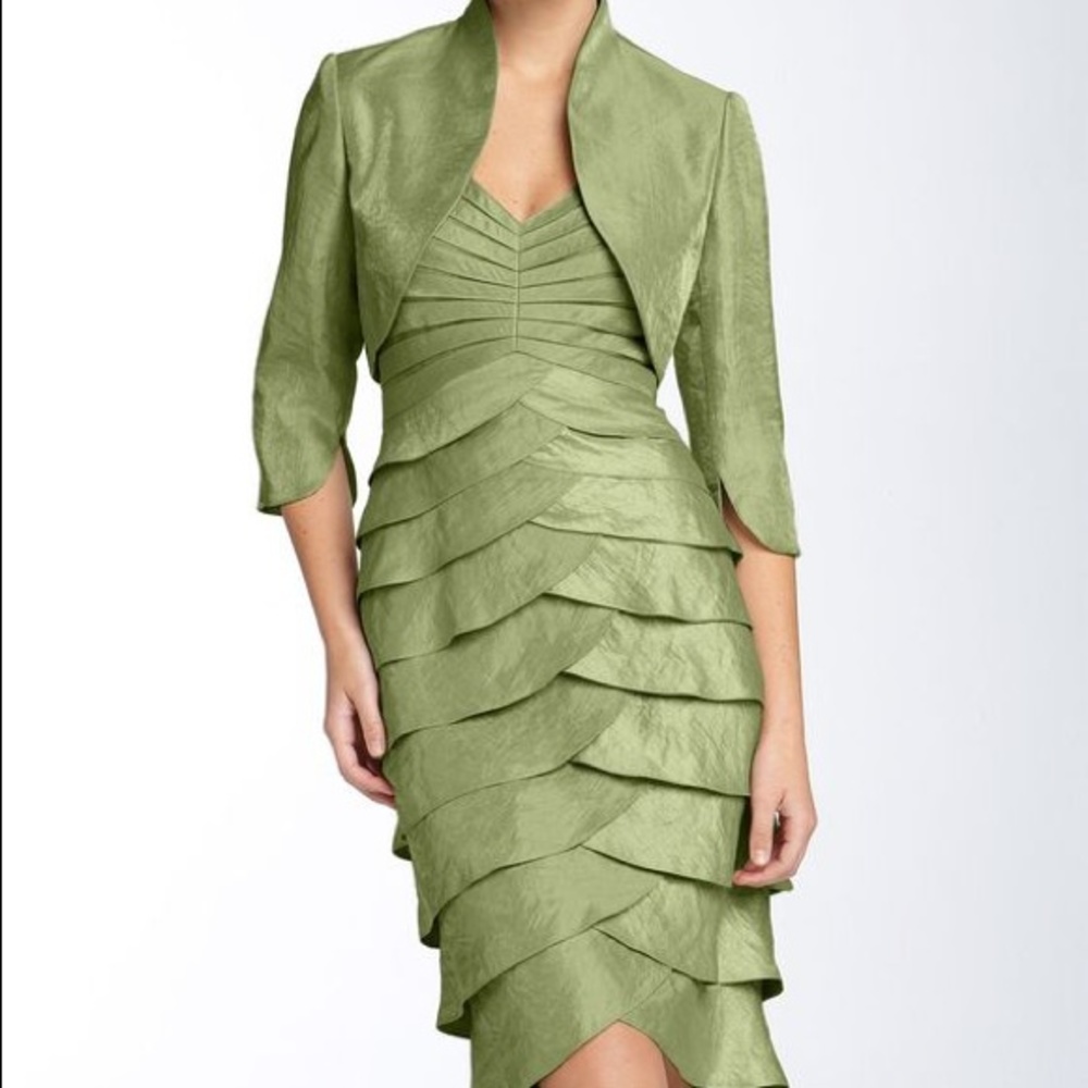 Green Tiered Hammered Satin Sheathe Dress & Bolero