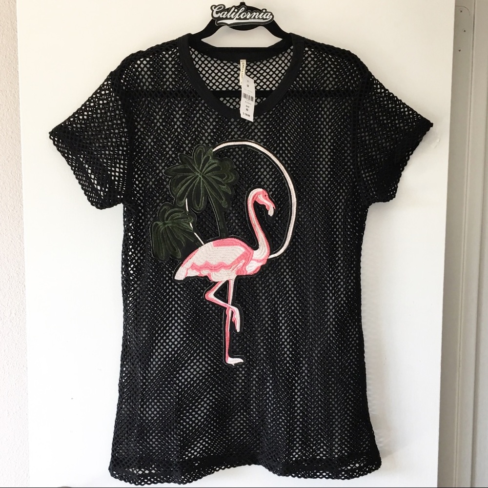 BNWT flamingo patched fishnet top