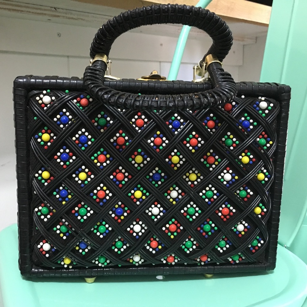 Vintage wicker purse black and multi