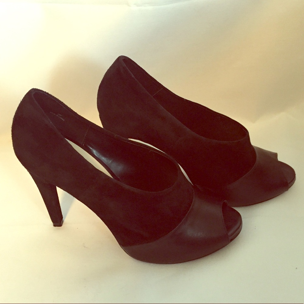 Black suede and leather peep toe heel
