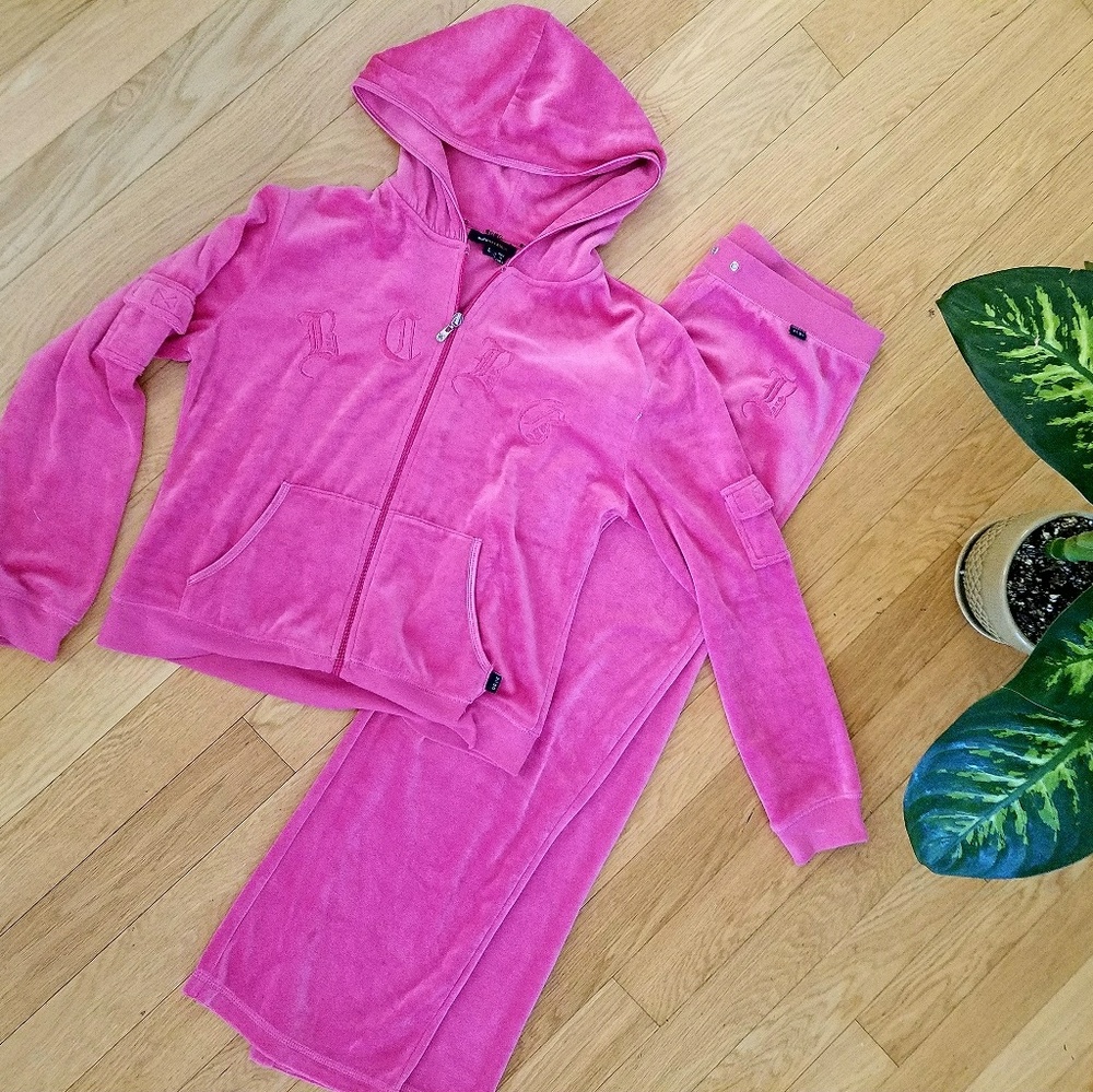 BCBG Euro Lux Pink Velvet Track Suit Hoodie Set L