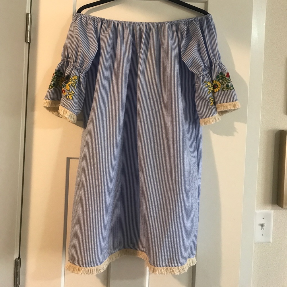 Blue and White Striped Off Shoulder Dress