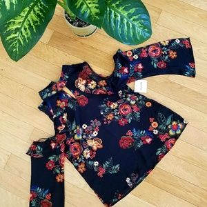 Floral Silky Cold Shoulder Keyhole Dress Top M