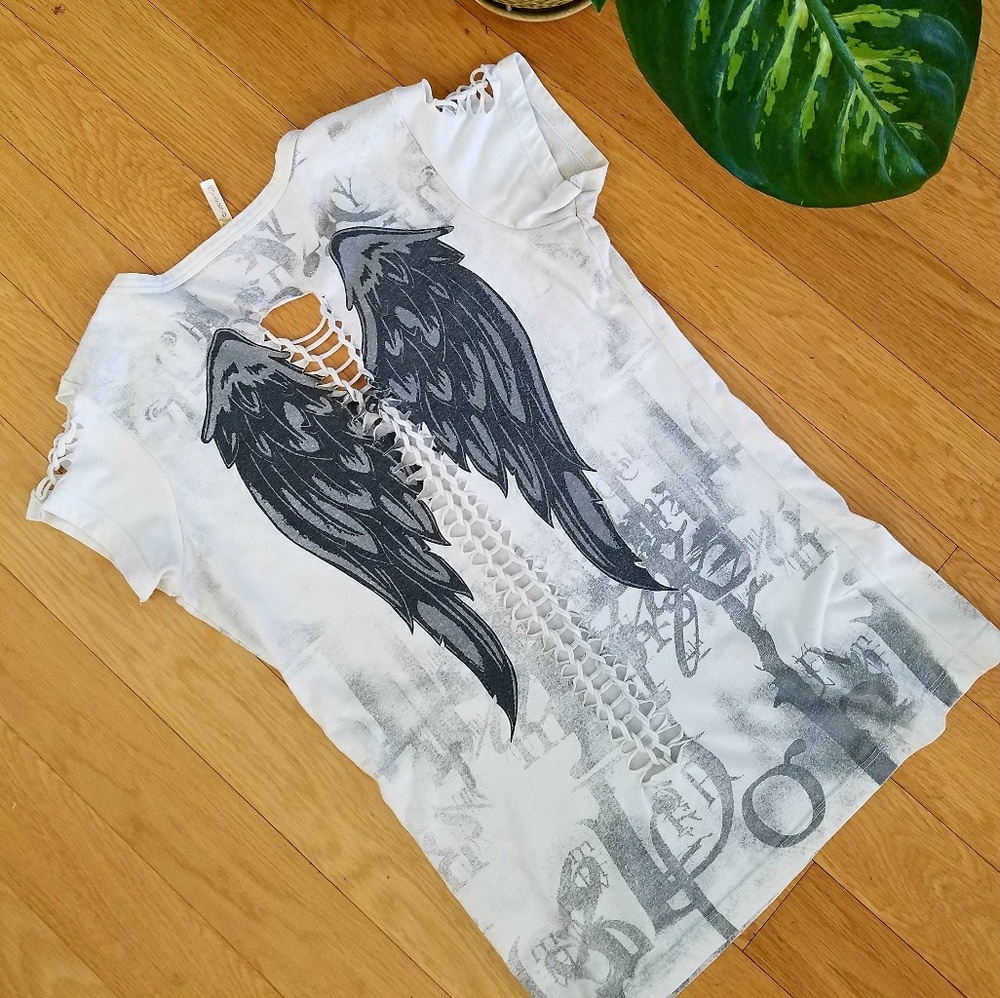 Angel Wings Cotton Cross Crochet V Neck Shirt S