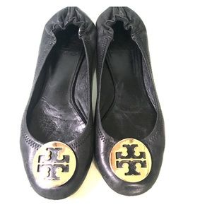 Tory Burch Black and Gold Reva Flats