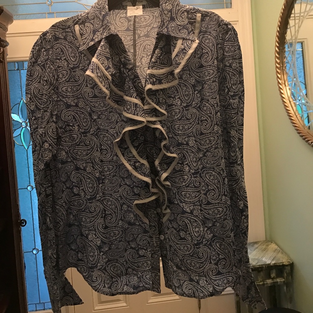 Blue and white paisley shirt.