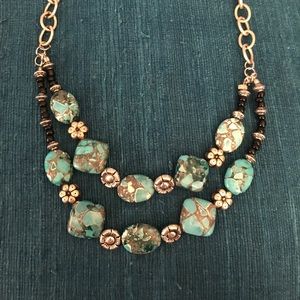 Turquoise like, silver & black beaded necklace