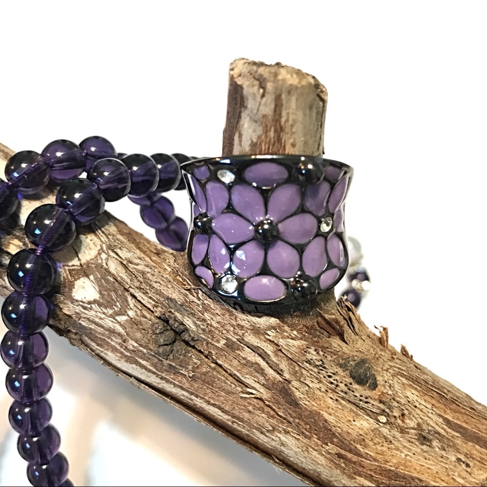 ROXI Genuine Austrian Crystals Black Purple Flower