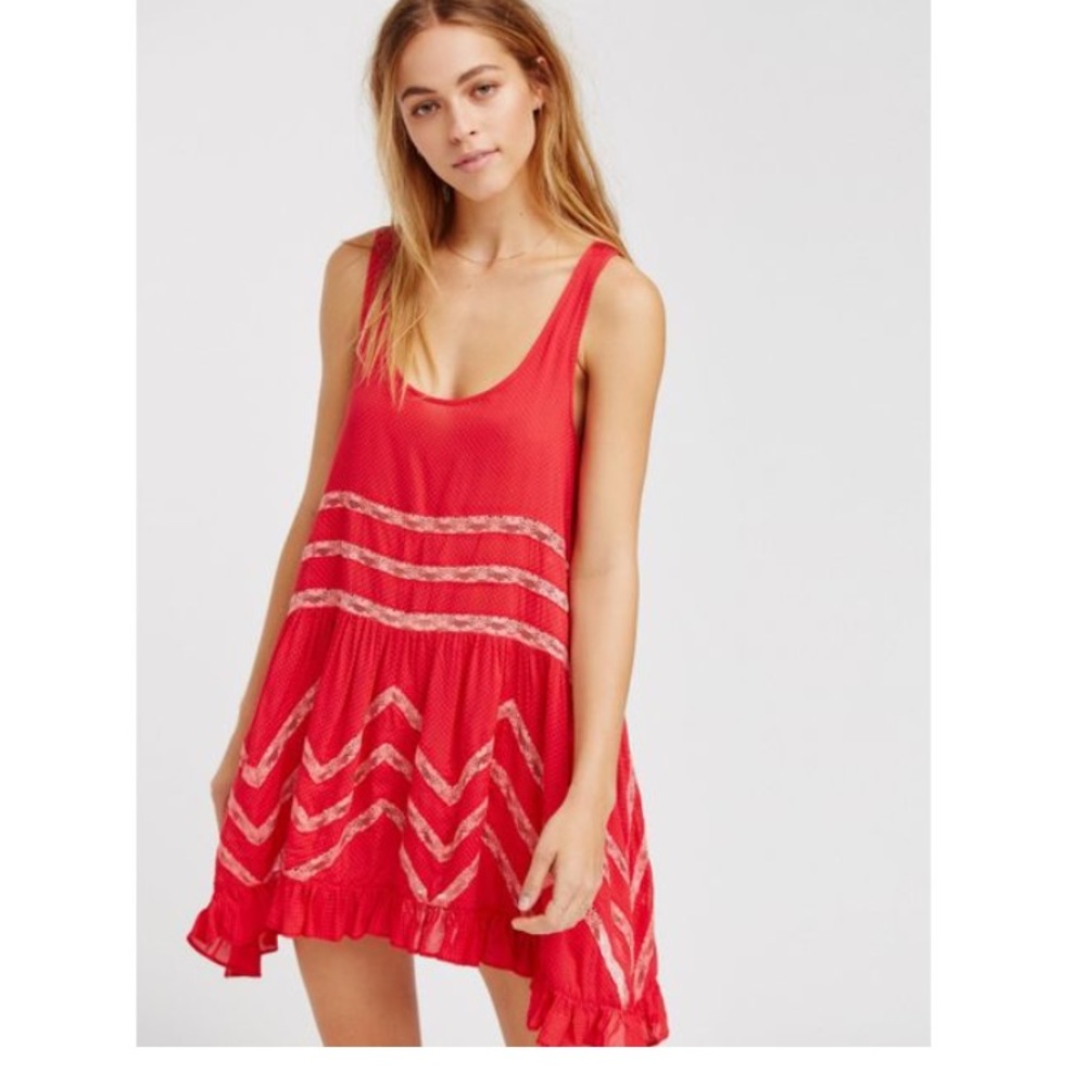 Free People Red Voile and Lace Trapeze Slip