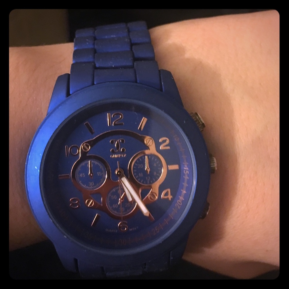 Blue watch rose gold face