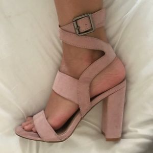 Pink Strappy Suede Chunky Wedge Platform Heels