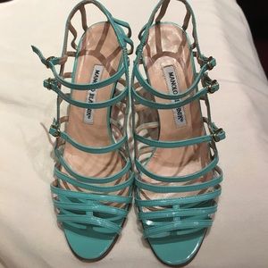 Manolo blahnik strap sandal heels in aqua