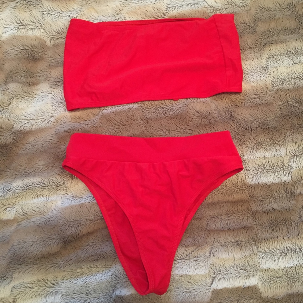 Red high waist bandeau bikini