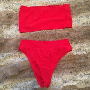 Red high waist bandeau bikini