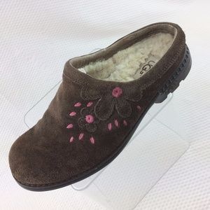 UGG Brown Parque Suede Pink Flowers Mule Slide