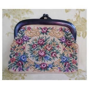 Vintage Faux Needle Point Floral Coin Purse Clutch