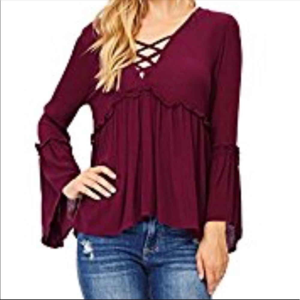 Bell sleeves cross cross front boho top - Picture 3 of 7