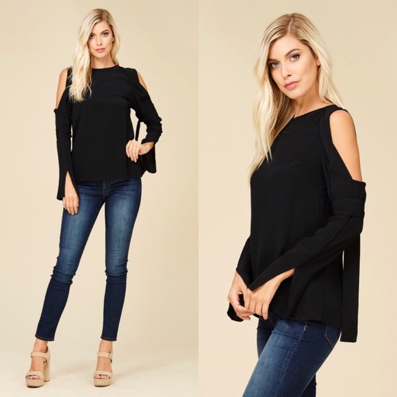 Glamvault Tops - Cold Shoulder Tie Sleeve Top