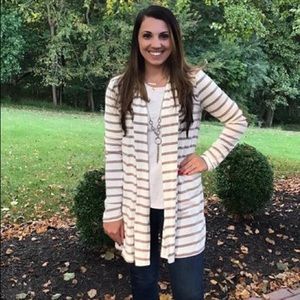 Striped mocha cardigan with suede elbow patches!