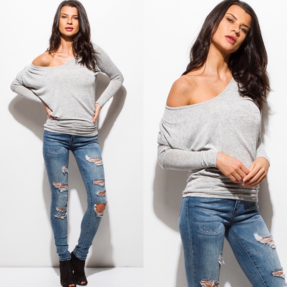 ๐CLEARANCE๐ Gray Off-Shoulder Dolman Sweater Top - Picture 2 of 7