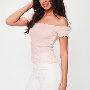 pink lettuce hem ribbed bardot top