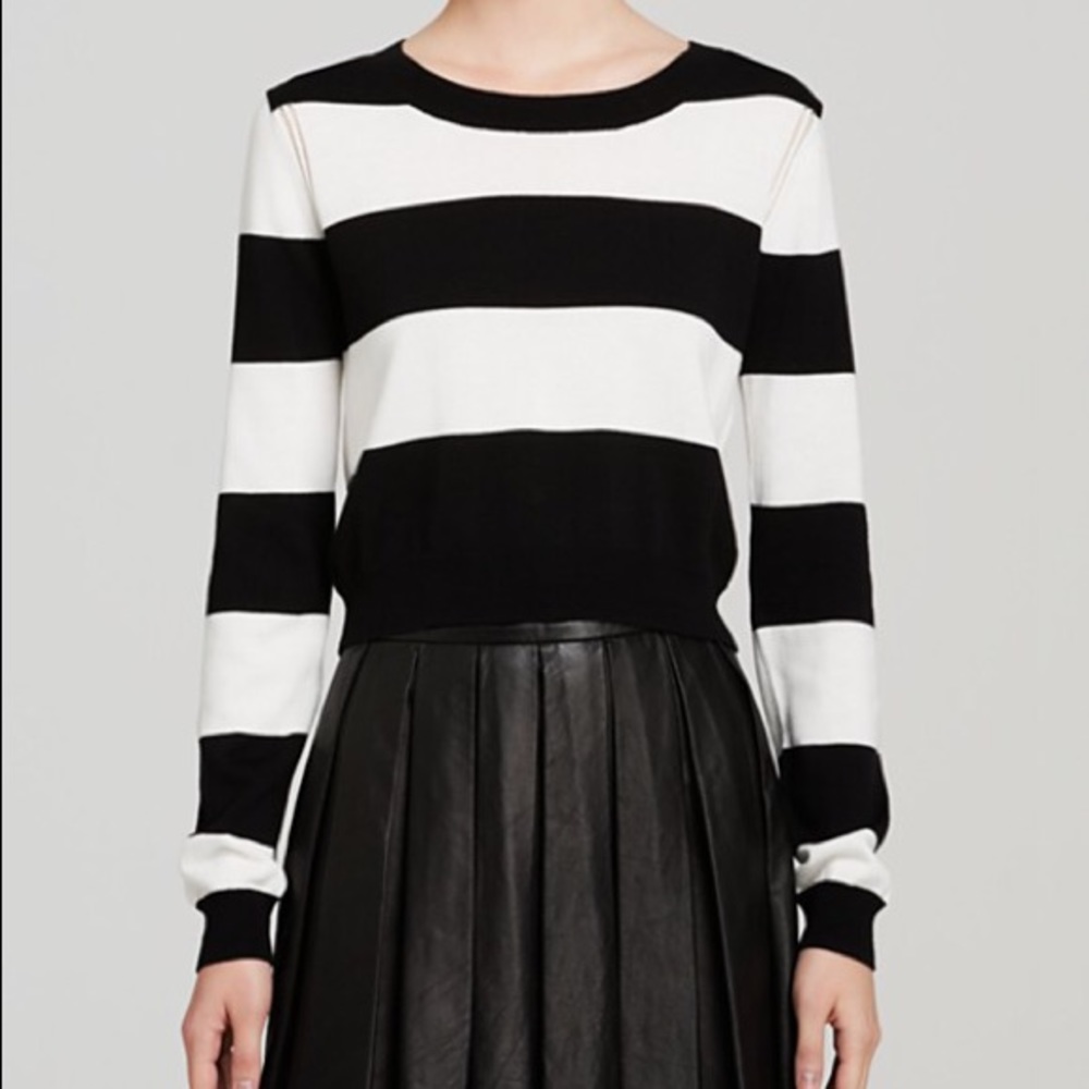 AQUA Bold Stripe Knit Pullover Sweater Black/Ivory