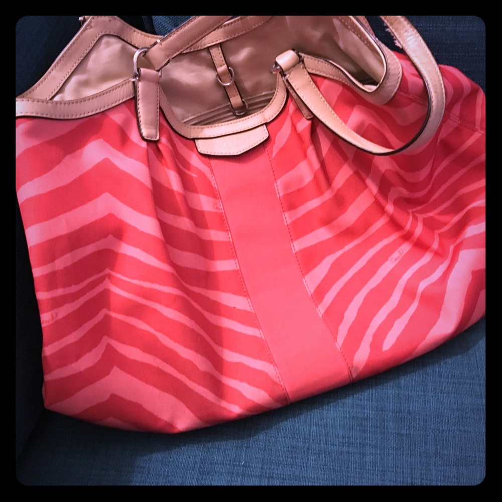Coach tote. Coral stripes w/ sand straps & inside
