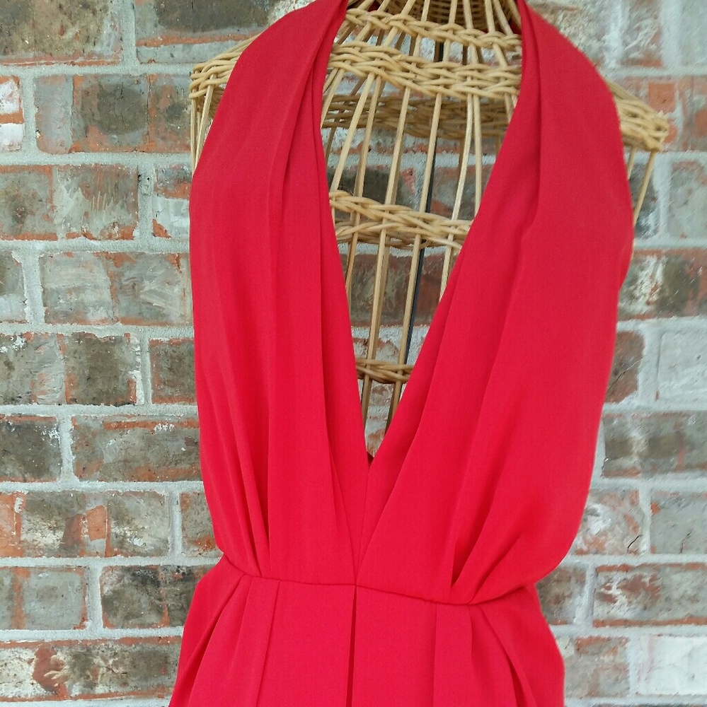 Red Chiffon Crepe Plunging Vneck Backless Gown