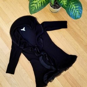 Black Ruffles 3/4 Slv Feminine Sweater Cardigan