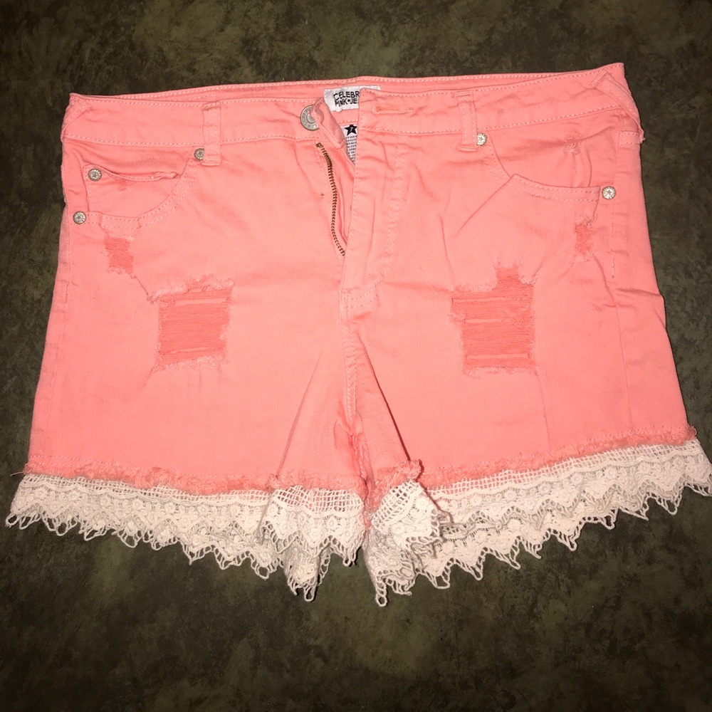 Distressed peach Blue Jean Shorts with lace trim