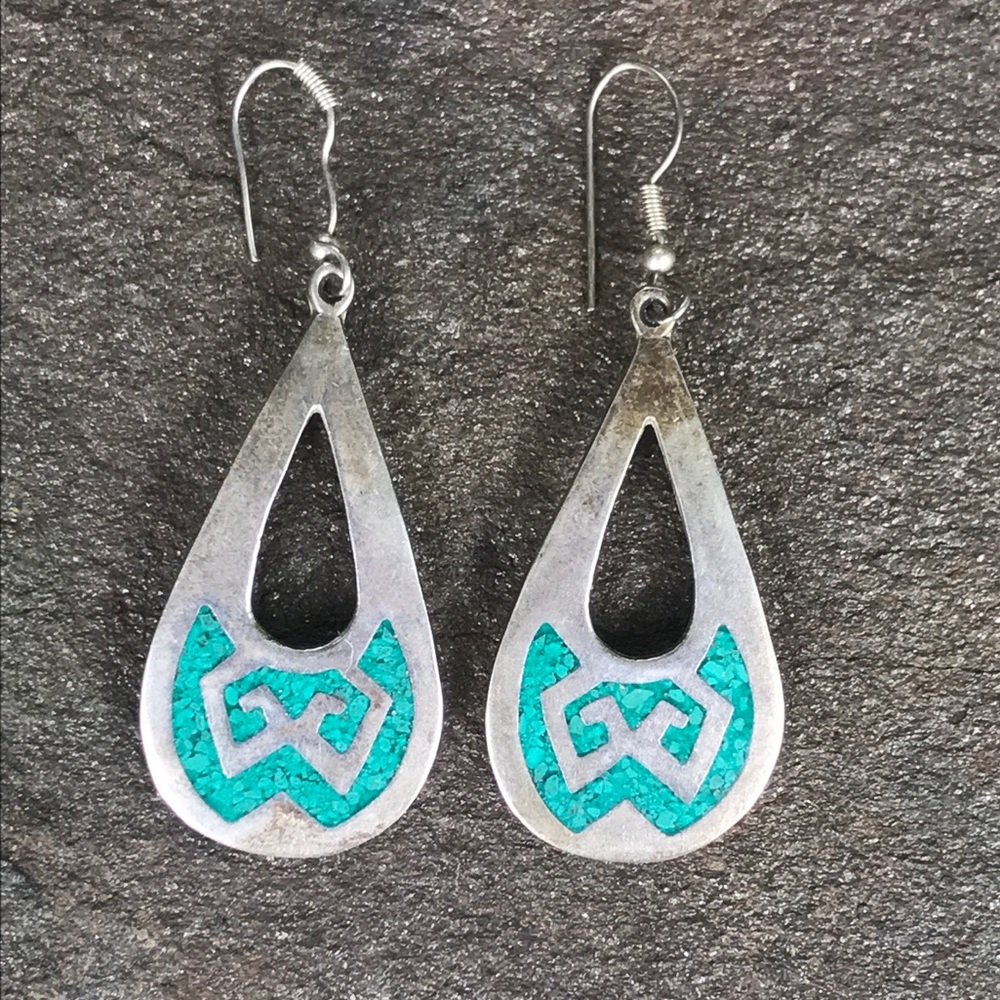 VTG Taxco Sterling Silver Turquoise Inlay Earrings